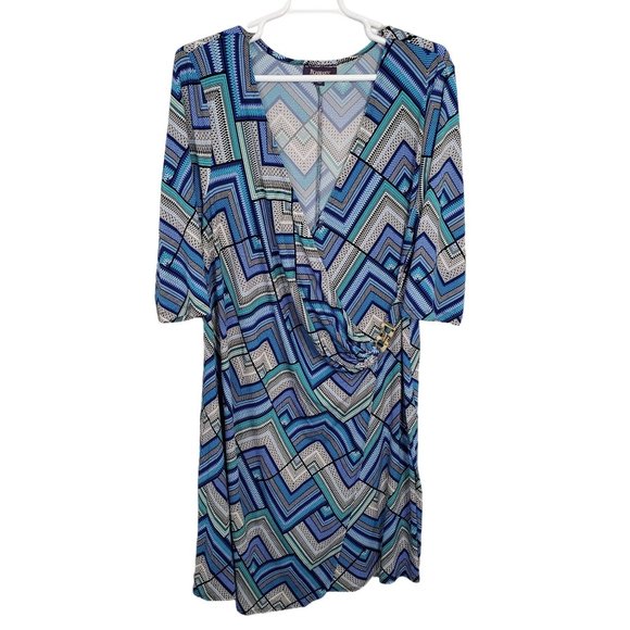 Roaman's Dresses & Skirts - Roaman's Plus Size 24W Dress Geometric Tile Stretch Faux Wrap Pullover Midi Blue